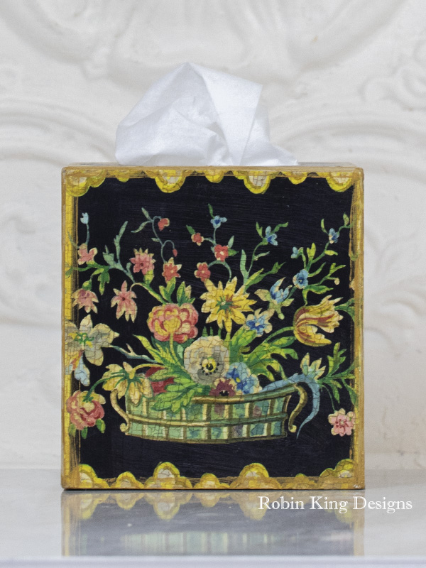 Basket of Flowers with Trim on Black Tissue Box Cover