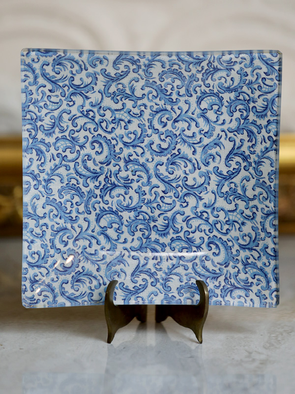 Blue White Fabric Pattern 6" Glass Plate Decoupage