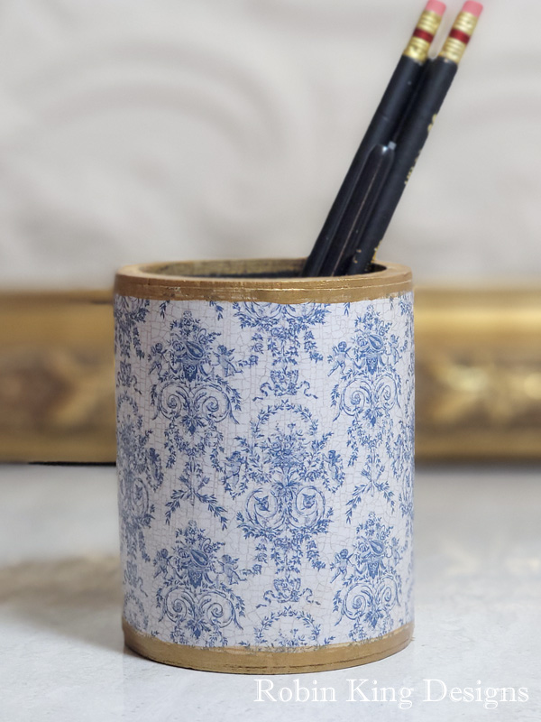 Blue White Toile Round Pencil Holder