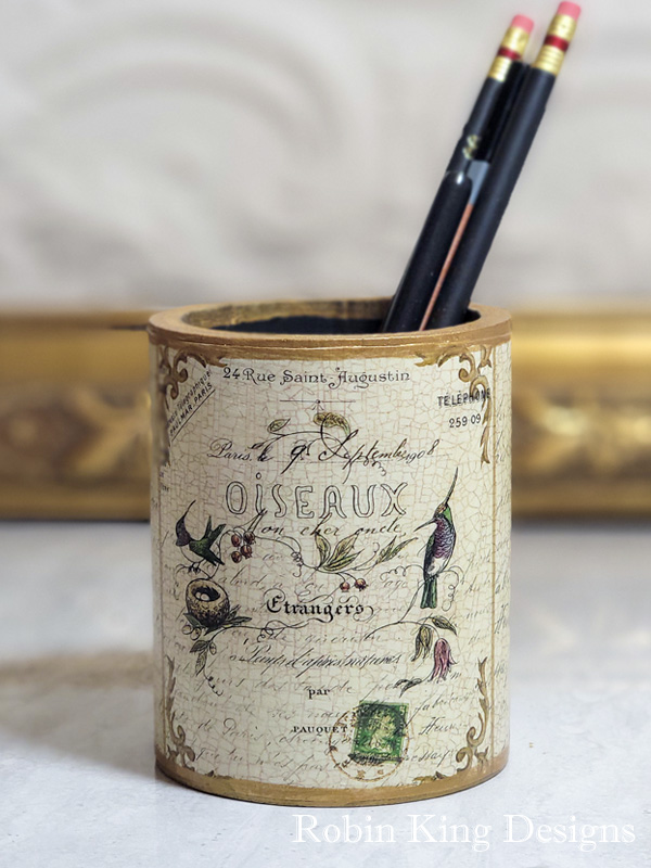 French Birds on Antique Script Round Pencil Holder