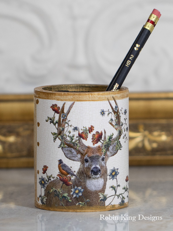 Red The Whitetail Buck Red with Flowers and a Robin on Ivory  Pencil Holder Round